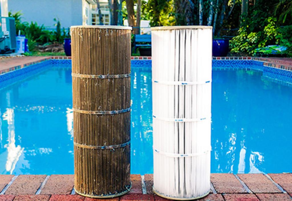 dirty pool filter next to a clean one